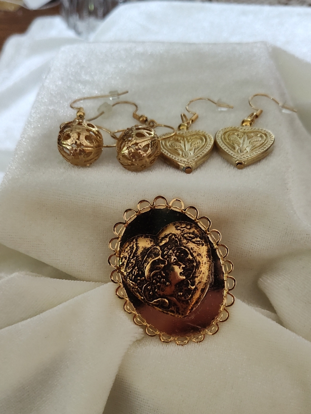 Gold Heart Cameo Earrings and Brooch Set - Women Jewelry